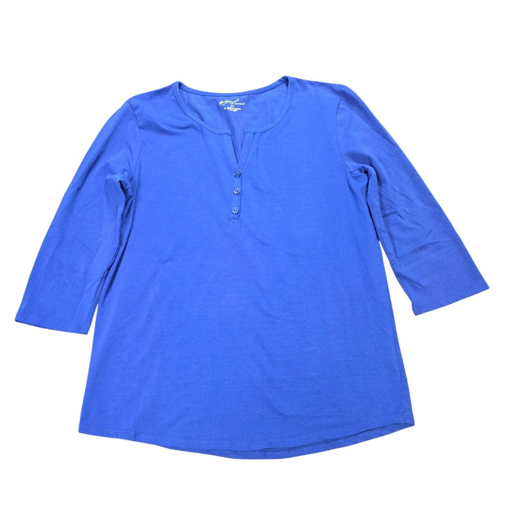 Kim Rogers Henley Knit Top Women's Size M Royal Blue 3/4 Sleeve Split Neck